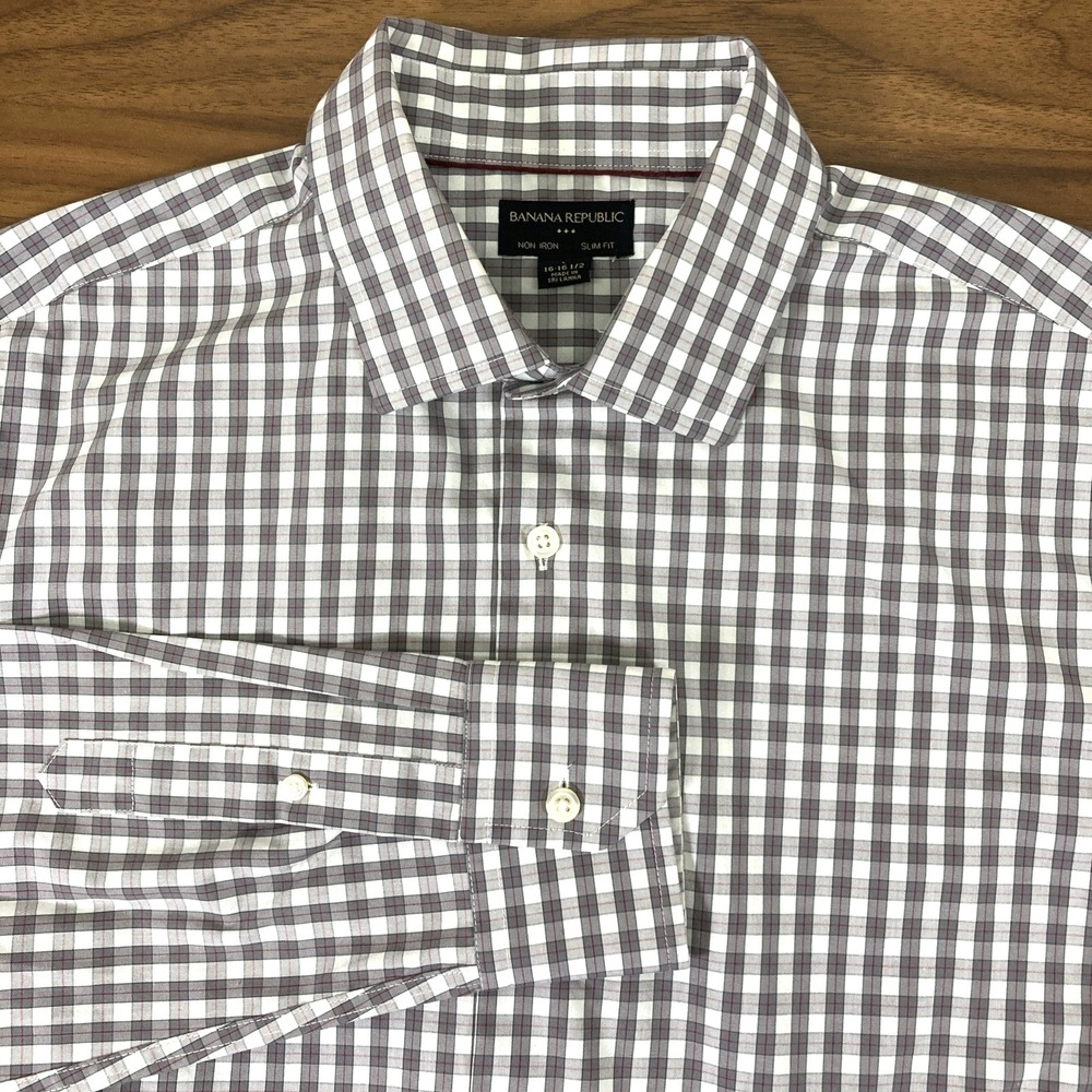 Banana Republic Mens White Gray Non Iron Slim Fit Long Slv Oxford‎ Shirt 16.5/32